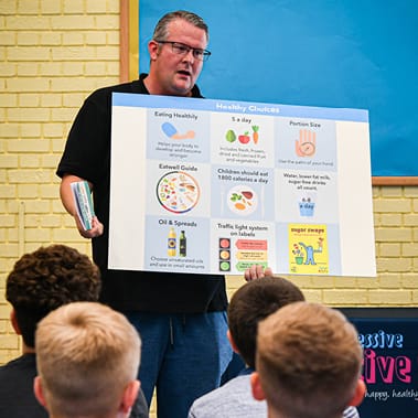 Photo of a man presenting information about a healthy lifestyle to a group of children